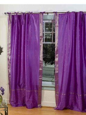 Handcrafted Lavender Indian Sari Sheer Curtains With Tiebacks